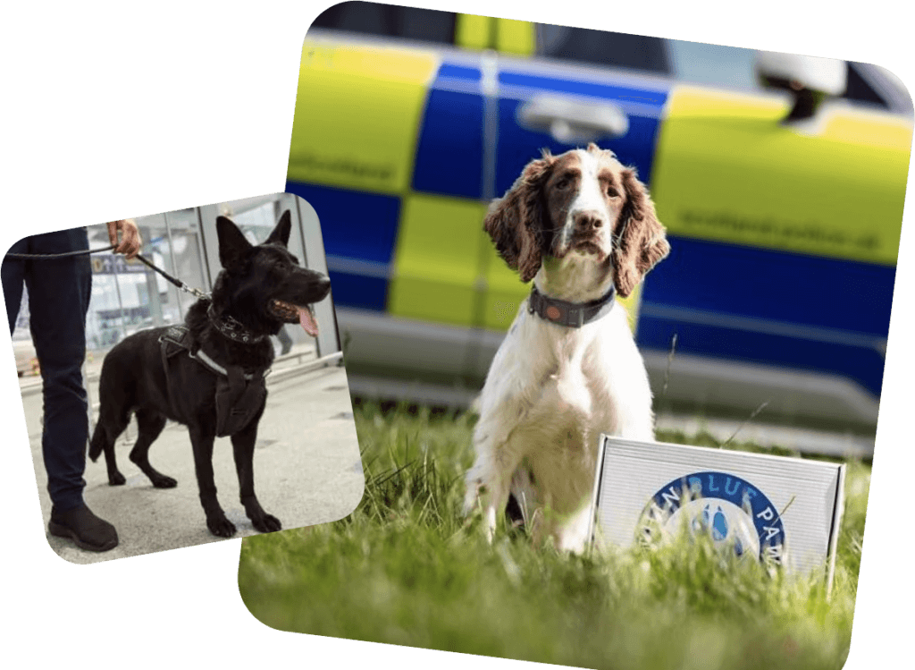 2 police dogs, one sitting in front of a police car and the other with its handler
