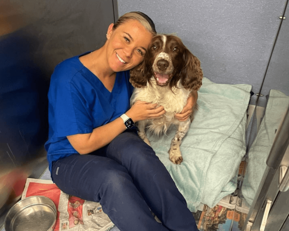 Bailey at the vets with a vet nurse