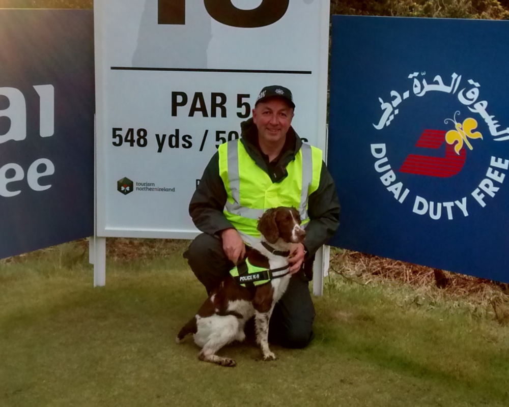 Police dog Danny working at the Irish Open