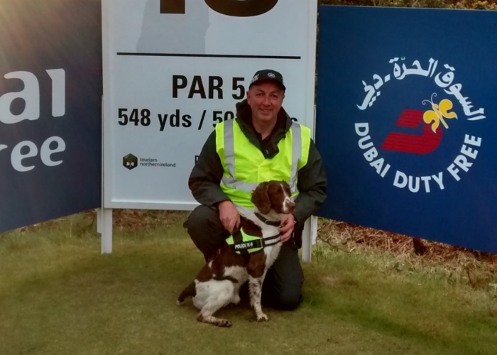 Police dog Danny working at the Irish Open