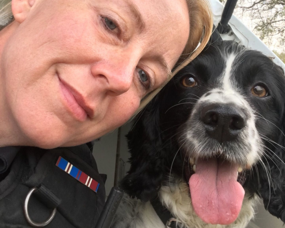 Retired police dog Sox in selfie with Claire