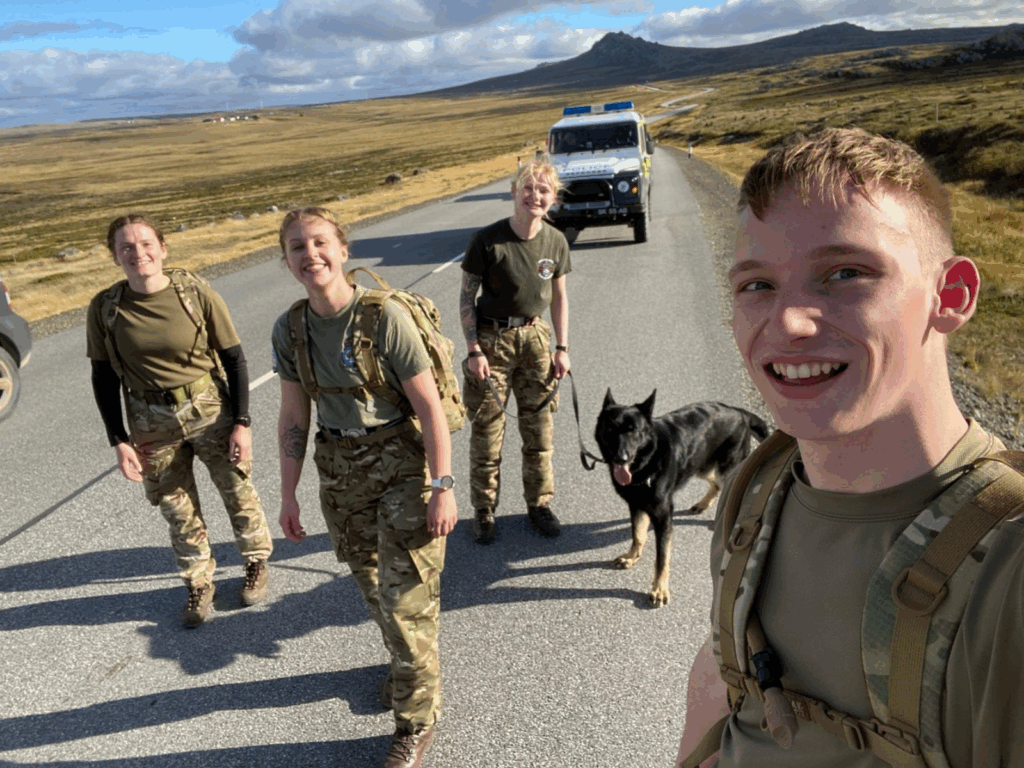 Team of military police officers are joined by police dog Coula for a fundraising walk across the Falklands
